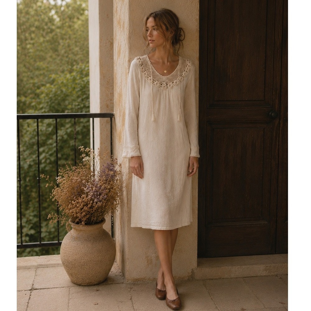 Vintage 70s Balkan Imports Cream Cotton Gauze Crochet Floral Midi Dress- S